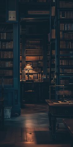 a dark room with lots of books on shelves and a lamp in the corner between two tables