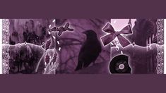 a black bird sitting on top of a tree branch next to a purple wallpaper