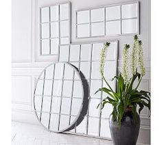 two mirrors on the wall next to a potted plant and vase with flowers in it