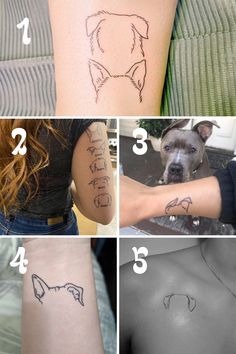 four pictures showing different types of tattoos on women's arm and chest, with the names