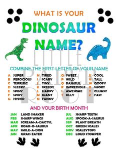 a poster with dinosaur names on it and the words what is your dinosaur name?