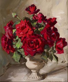 a painting of red roses in a white vase