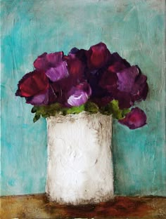 a painting of purple and red flowers in a white vase on a wooden table against a blue background