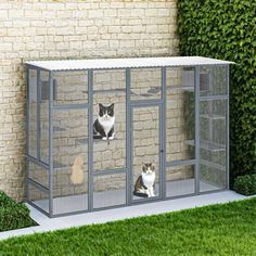 two cats are sitting in a cage on the grass near a brick wall and bushes