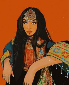 a painting of a woman with long black hair wearing a headdress and holding her hand on her hip