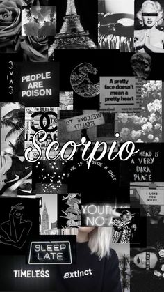 black and white collage with the words scoppo on it