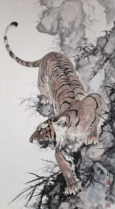 a painting of a tiger walking across a forest