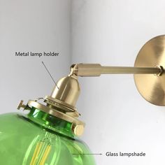 an image of a green glass lamp with parts labeled on the light bulb and metal lamp holder