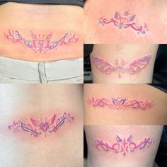 four pictures of different tattoos on the back of women's butts and thighs