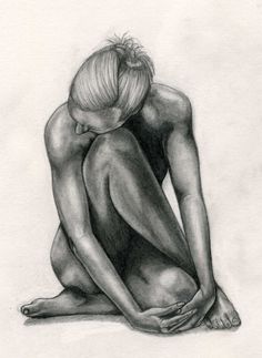 a drawing of a naked woman sitting on the ground with her head in her hands