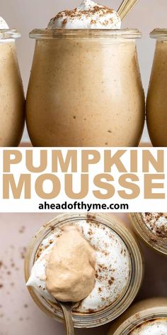 pumpkin mousse with whipped cream and cinnamon sprinkles in mason jars