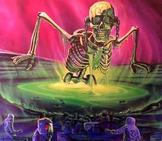 a painting of a skeleton dancing in front of two people sitting at a table with their legs spread out