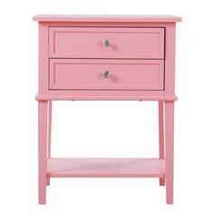 a pink nightstand table with two drawers and one drawer on the bottom, against a white background