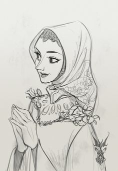 a drawing of a woman wearing a hijab and holding a flower in her hand