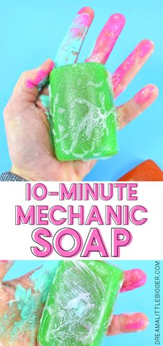 two hands holding soap with the words 10 minute mechanic soap on it and in front of them