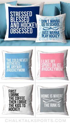 four pillows with different sayings on them in blue, pink and grey colors are shown