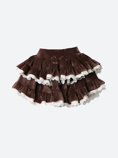 Adorn yourself in enchantment with this fairy grunge, kawaii-inspired mini skirt, perfect for adding a touch of cute whimsy to your wardrobe. The luxurious velvet material is complemented by delicate lace trimming and a layered ruffle design, featuring contrast color details. An elasticated waistband ensures a comforta Brown Ruffle Skirt, Dark Academia Dresses, Grunge Kawaii, Layered Mini Skirt, Brown Mini Skirt, Jeans Patchwork, Current Obsession, Aesthetic Clothing Stores, Winter Parties