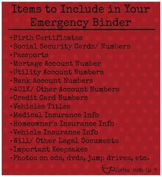 a red poster with the words items to include in your emergency bind