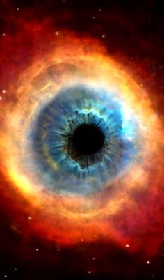 an eyeball is shown in the center of a star's core, surrounded by red and blue stars