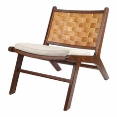 a wooden chair with a white cushion on it