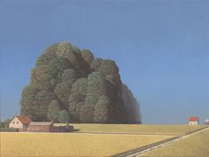 an oil painting of a farm house in the middle of a field next to a large tree