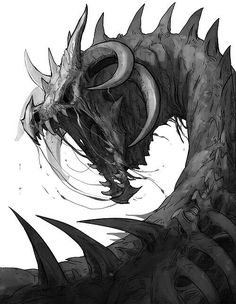 a black and white drawing of a dragon with large horns on it's head