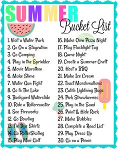 the summer bucket list is shown in pink, blue and white with an ice cream cone on