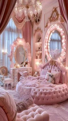 a bedroom with pink furniture and chandeliers