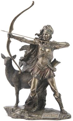 a bronze statue of a man with a bow and arrow next to a goat on a white background