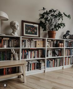 a living room filled with lots of books on top of a wooden floor next to a window