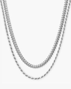 Chic and sleek. This iconic duo features our favorite 3mm Cuban + 2mm Rope Chains in shimmering sterling silver. Pair them together or on their own, they come with a two-inch extension chain so you can wear them your way. Silver Layered Necklaces, Chain Stack, Iconic Duo, Solid Gold Chains, Silver Coat, Silver Shop, Cuban Link, Men's Rings, Pendant Bracelet