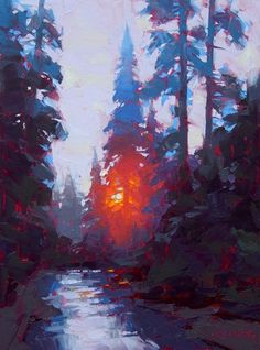 an oil painting of trees and water in the evening sun with red, blue, and yellow colors