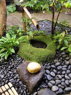 a rock garden with moss growing on it and a bamboo stick sticking out of the hole