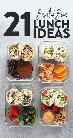 the 21 bento box lunch ideas are packed in plastic containers and ready to be eaten