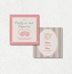 a pink and green striped business card with an image of a sleeping mask on it