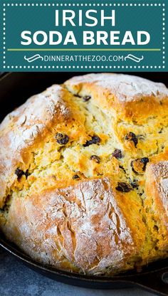 irish soda bread in a cast iron skillet with text overlay that reads irish soda bread