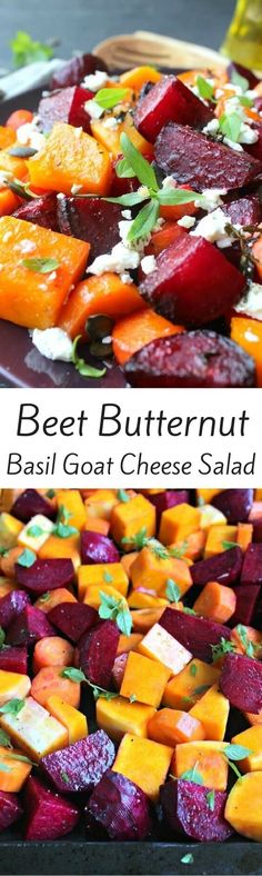 beet butternut and basil goat cheese salad on a platter with the title above it