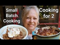 a woman holding two bowls filled with food next to another bowl that has ice cream on it