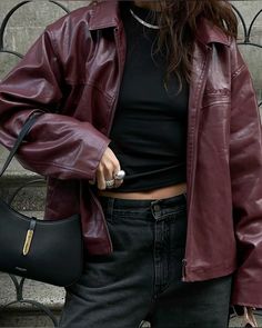 Leather Jacket 2024, Red Leather Jacket Outfit, Red Jacket Outfit, Burgundy Leather Jacket, Wool Felting, Uni Outfits, Looks Street Style