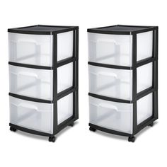 two black and white storage drawers on wheels