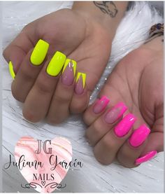 Neon Nails Designs Summer 2024, Hot Pink And Yellow Nails, Letnji Nokti, Bright Color Nails, Monthly Nails, Beach 2024, Pink Glitter Nails, Tropical Nails, French Tip Acrylic Nails