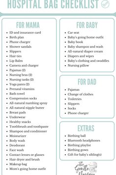 a hospital bag checklist with instructions for the baby's diaper and its contents