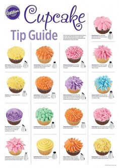 cupcakes with different colored frosting on them and the words cupcake tip guide