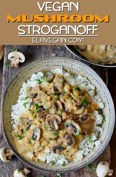 vegan mushroom stroganoff in a bowl with rice and mushrooms