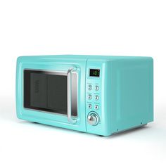 a blue microwave oven sitting on top of a white counter