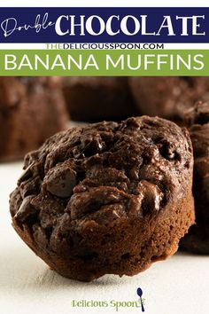 chocolate banana muffins are stacked on top of each other with the title above it