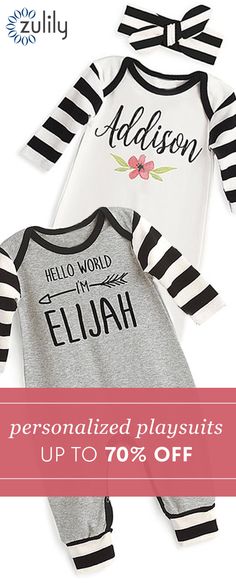 Sign up to shop personalized baby playsuits up to 70% off. Get pieces that capture just how special your latest arrival is with this precious, personalized apparel. Baby bodysuits are a staple baby clothing item for newborn boys and girls alike. From long-sleeve to short-sleeve and funny to vintage, our cute selection features a wide variety of cuts and designs at great prices. Onesie Name Design, Cheap Summer Onesie With Name Print, Onesie With Name, Cotton Onesie With Name Print For Parenting, Personalized Onesie Girl, Personalized Clothes, Baby Time, Everything Baby, Newborn Boy