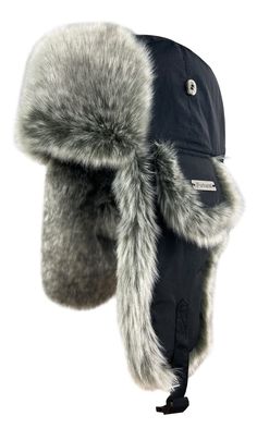 an image of a hat with fur on the brim and ear flaps in grey