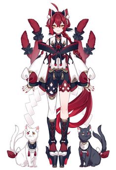 an anime character standing next to two cats and a cat sitting on the other side