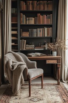 a chair sitting in front of a book shelf filled with books